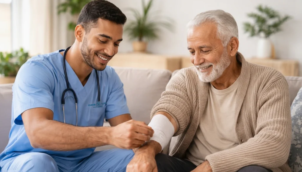 infirmier à domicile au Maroc réalisant un pansement pour une personne âgée avec accompagnement professionnel Inaya