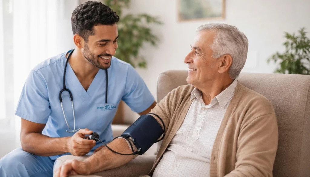 soin à domicile maroc, infirmier à domicile au Maroc réalisant des soins pour personne âgée avec accompagnement professionnel Inaya