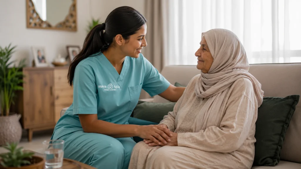 Aide-soignante à domicile portant un uniforme Inaya, accompagnant une femme âgée marocaine dans un salon chaleureux, pour illustrer le coût d’une garde-malade à domicile au Maroc.
