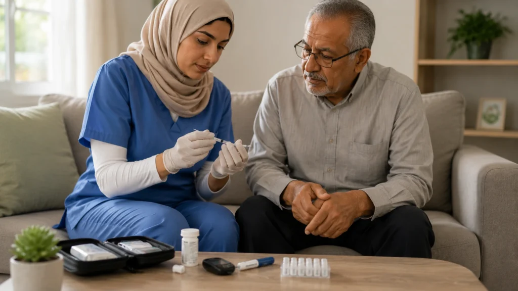Infirmière à domicile préparant une injection d'insuline pour un patient diabétique âgé dans un environnement domestique, avec du matériel de surveillance glycémique posé sur la table.