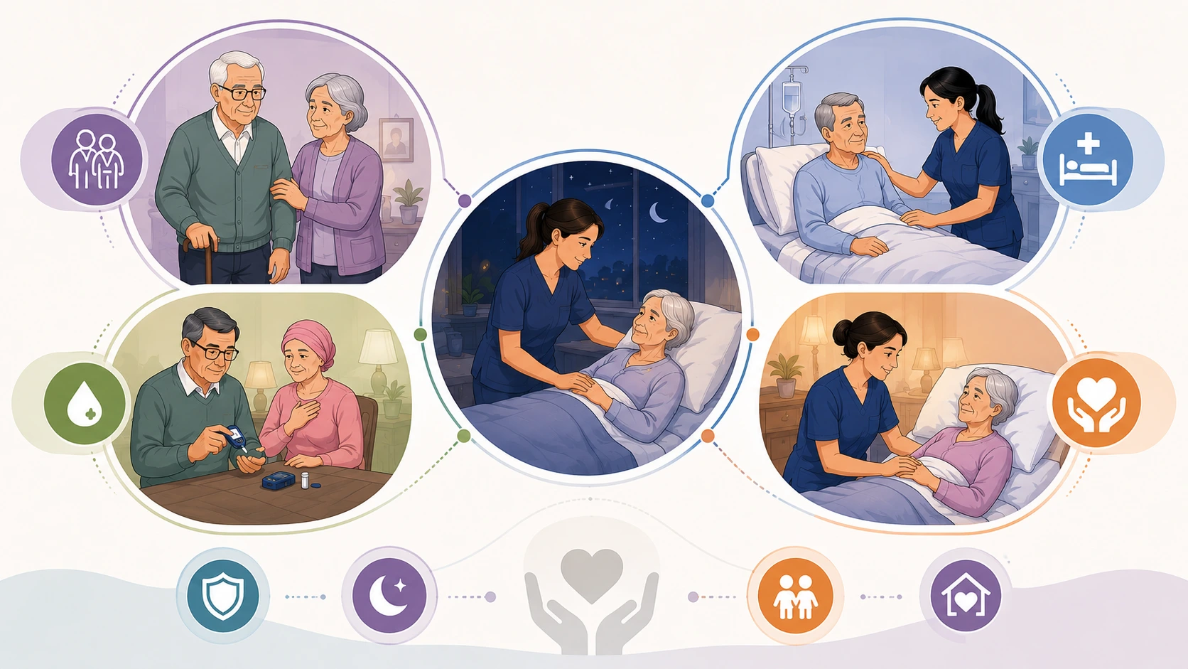 Infographie illustrant les principaux profils concernés par la garde de nuit à domicile au Maroc : personne âgée dépendante, patient en convalescence après hospitalisation, personne atteinte d'une maladie chronique et patient en soins palliatifs, accompagnés par une aide-soignante à domicile durant la nuit.