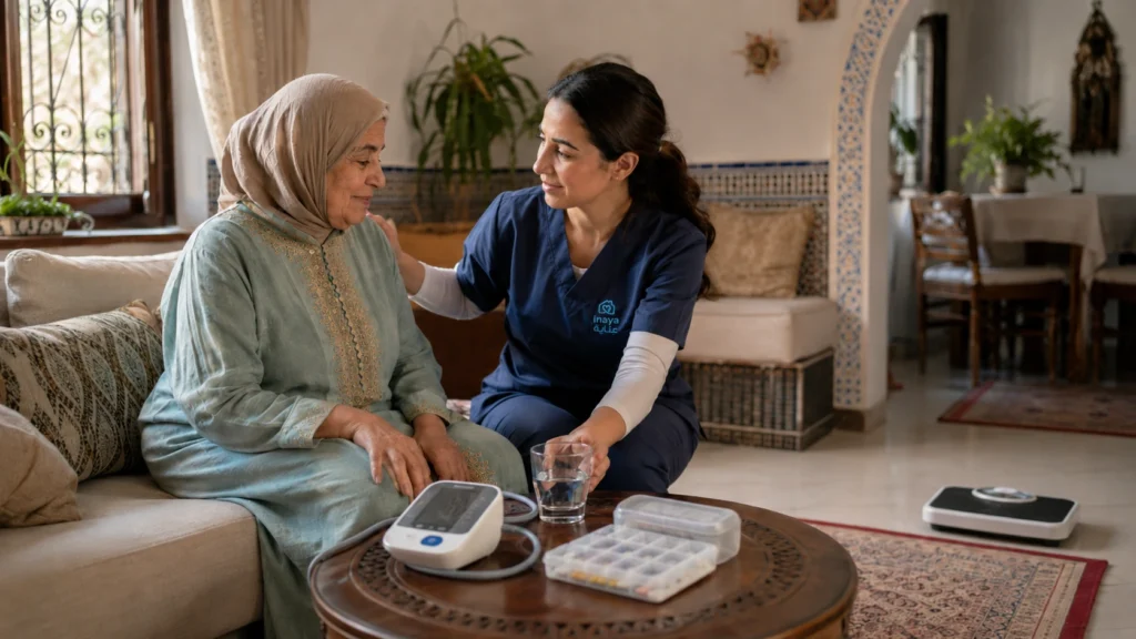 Insuffisance cardiaque au Maroc : aide-soignante Inaya accompagnant une femme âgée à domicile, avec tensiomètre, pilulier, verre d’eau et balance pour le suivi quotidien de la santé cardiaque.
