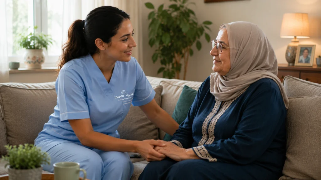 Proche aidant au Maroc en uniforme Inaya accompagnant une personne âgée à domicile dans un salon, illustrant l'accompagnement humain et le soutien aux familles.
