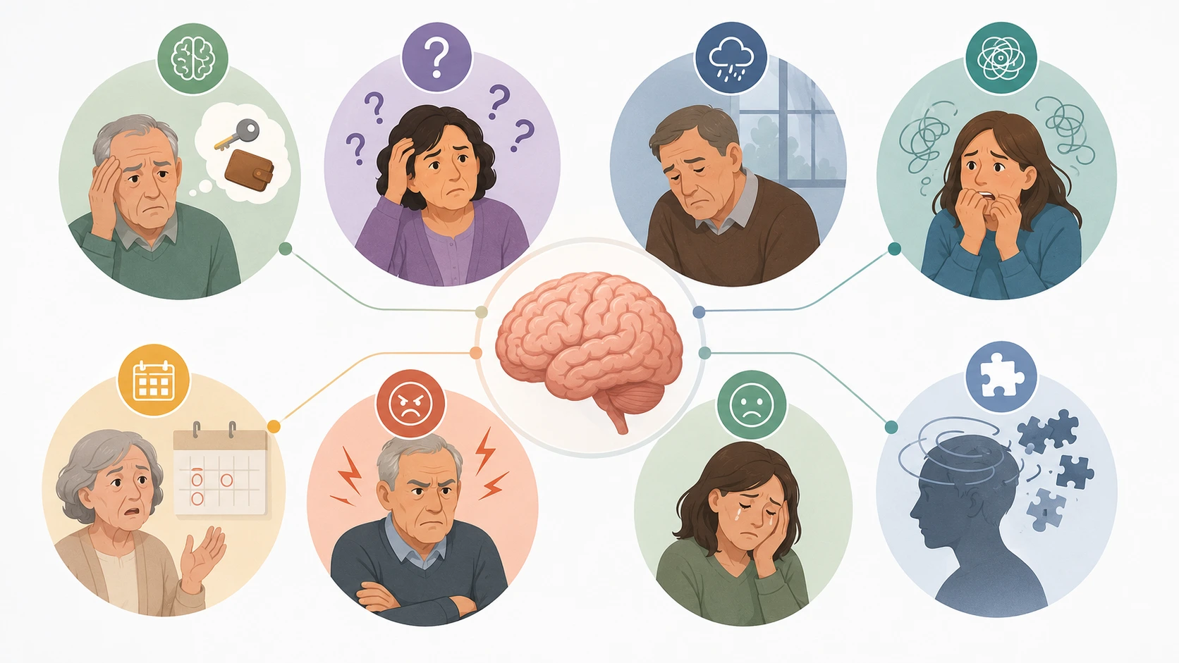 Personne âgée seule :Illustration showing cognitive and emotional warning signs around a central brain. Eight realistic scenes depict older adults experiencing memory lapses, confusion, anxiety, sadness, irritability, fatigue, disorientation, and emotional distress, connected in a clean infographic-style layout on a light background. The image visually represents early cognitive and emotional changes without any text