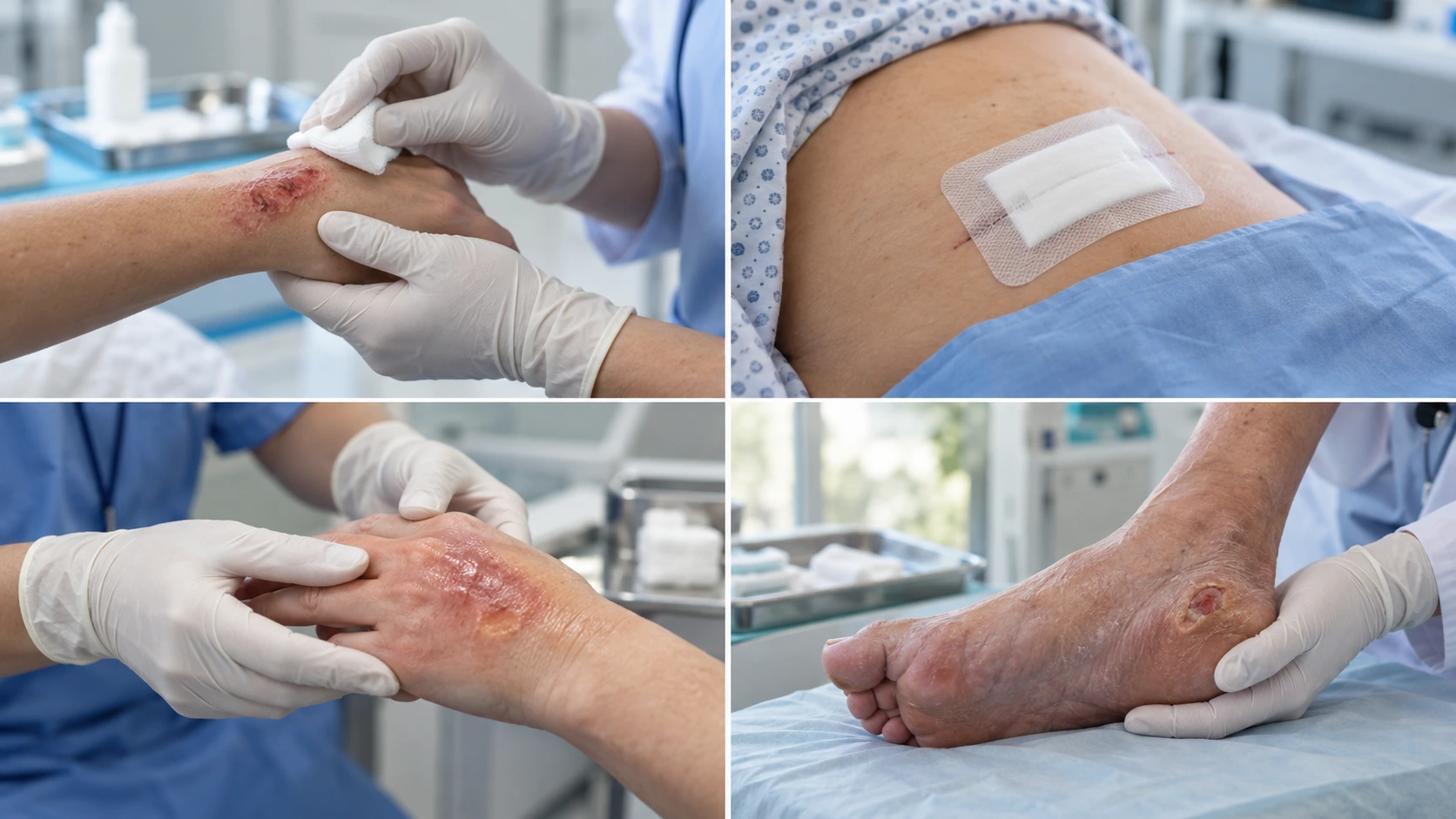 Exemples de différentes plaies pouvant nécessiter un pansement à domicile abrasion, plaie postopératoire, brûlure et ulcère du pied.
