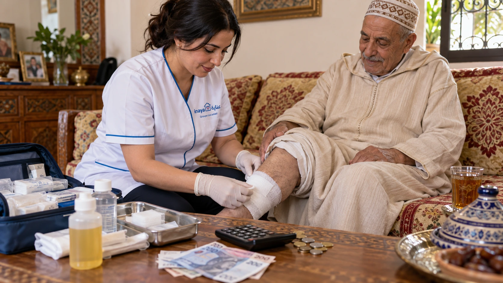 Infirmière Inaya réalisant un pansement à domicile auprès d’un patient au Maroc, avec matériel de soins à proximité.