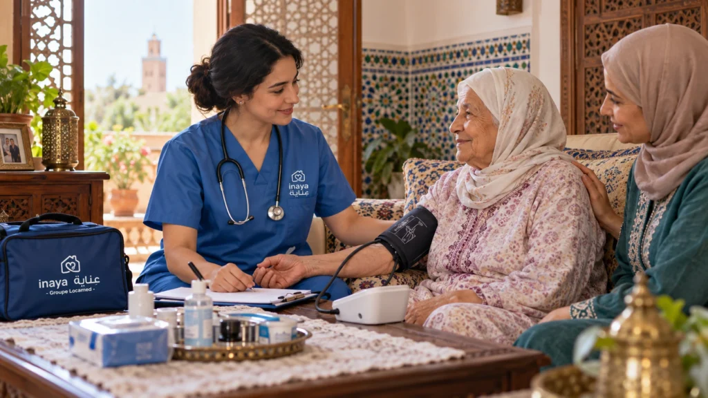 Soins infirmiers à domicile au Maroc une infirmière Inaya prend la tension d’une patiente âgée à domicile, en présence d’un proche, dans un salon marocain.